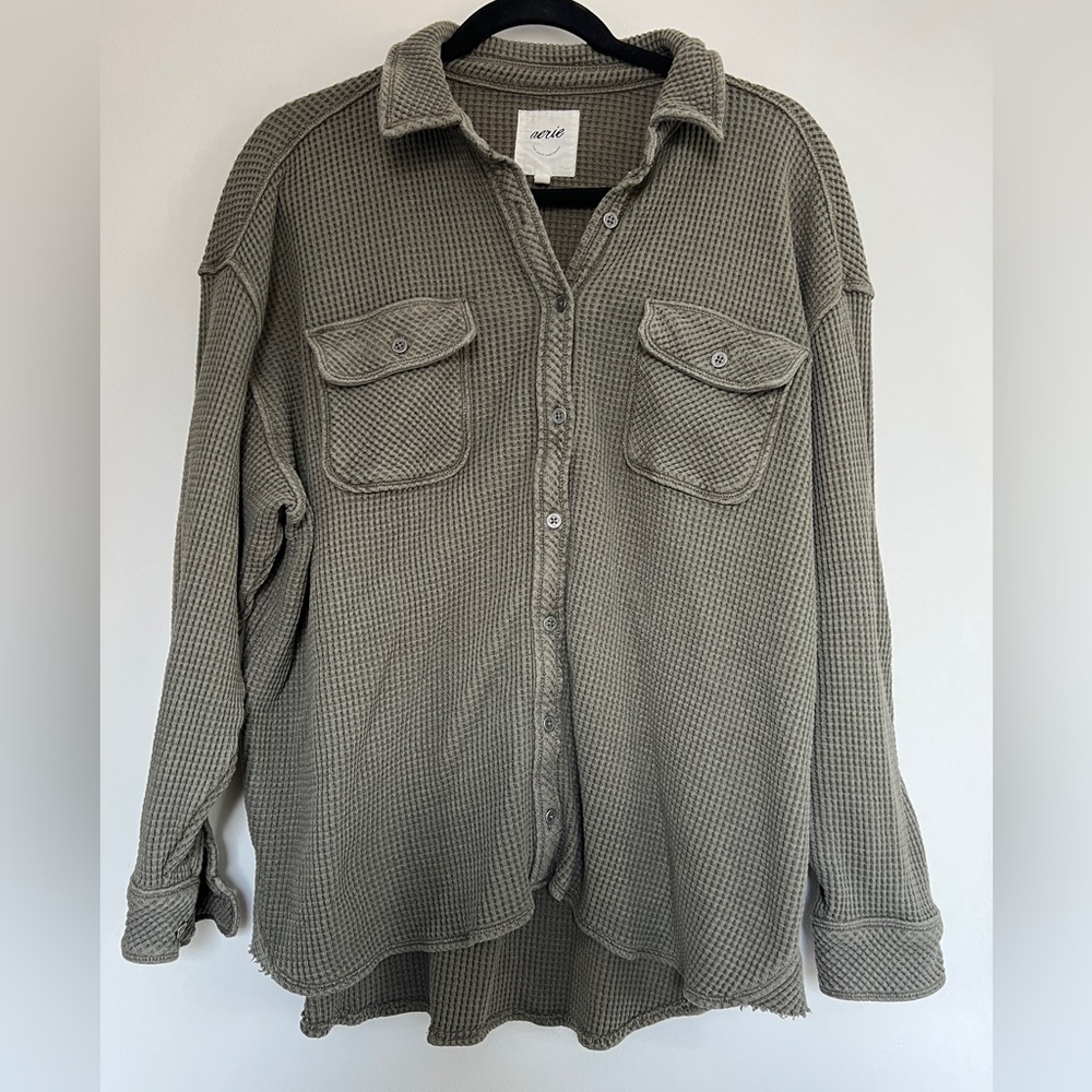 Aerie Olive Green Waffle Knit Button-Up Top